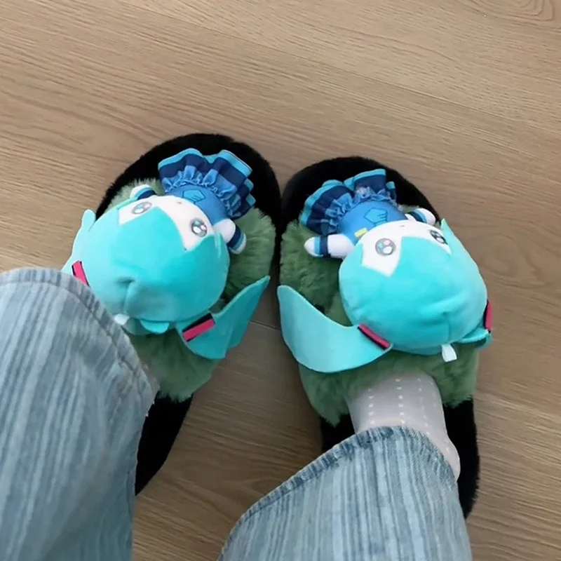 Kawaii Anime Hatsune Miku Cotton Slippers Wool Slippers New Autumn and Winter Women's Warm Fashion Wear Out At Home Thick Soles