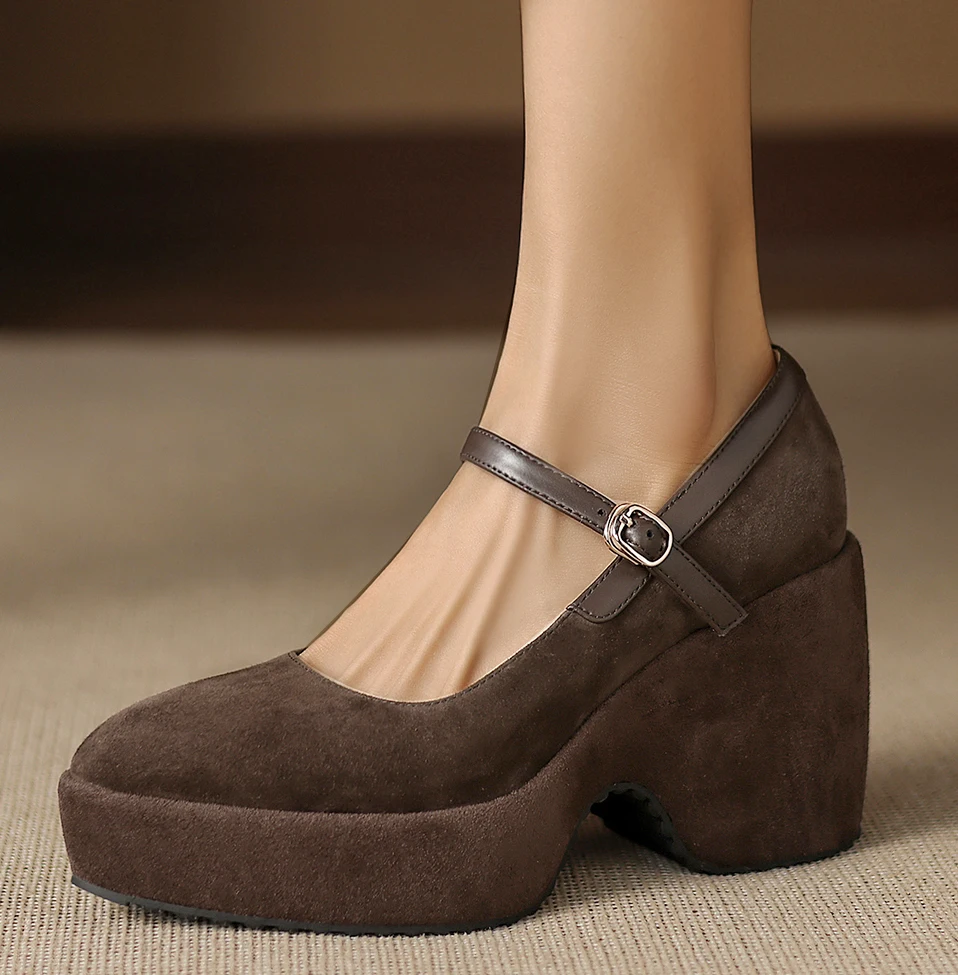 EAGSITY A Grade Cow Leather suede retro mary jane shoes women's chunky heel pointed toe ankle strap shoes footwear casual