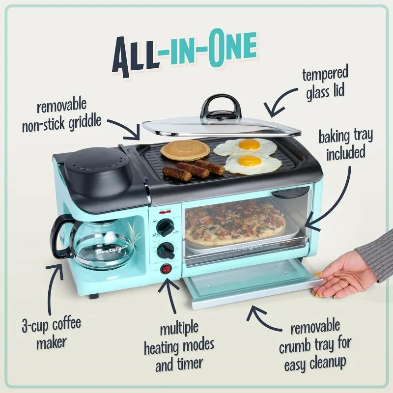 3-in-1 Breakfast Station -Non-Stick Griddle, and 4-Slice Toaster Oven - Versatile Breakfast Maker with Timer - Aqua