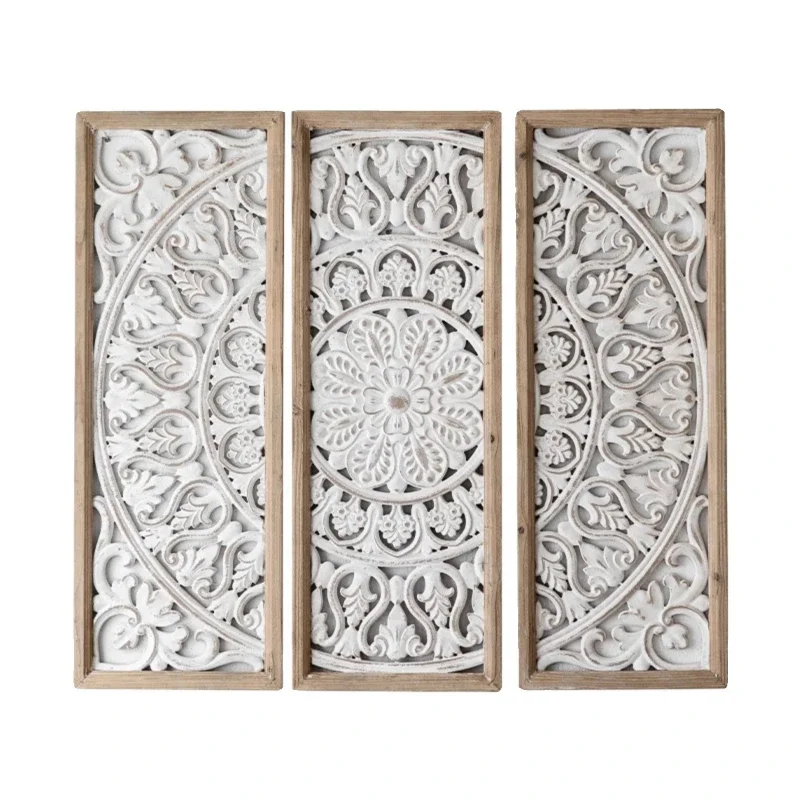 

Wabi-sabi retro old carving hollow wall decoration living room tea room triptych decorative painting B & B hotel wooden wall han