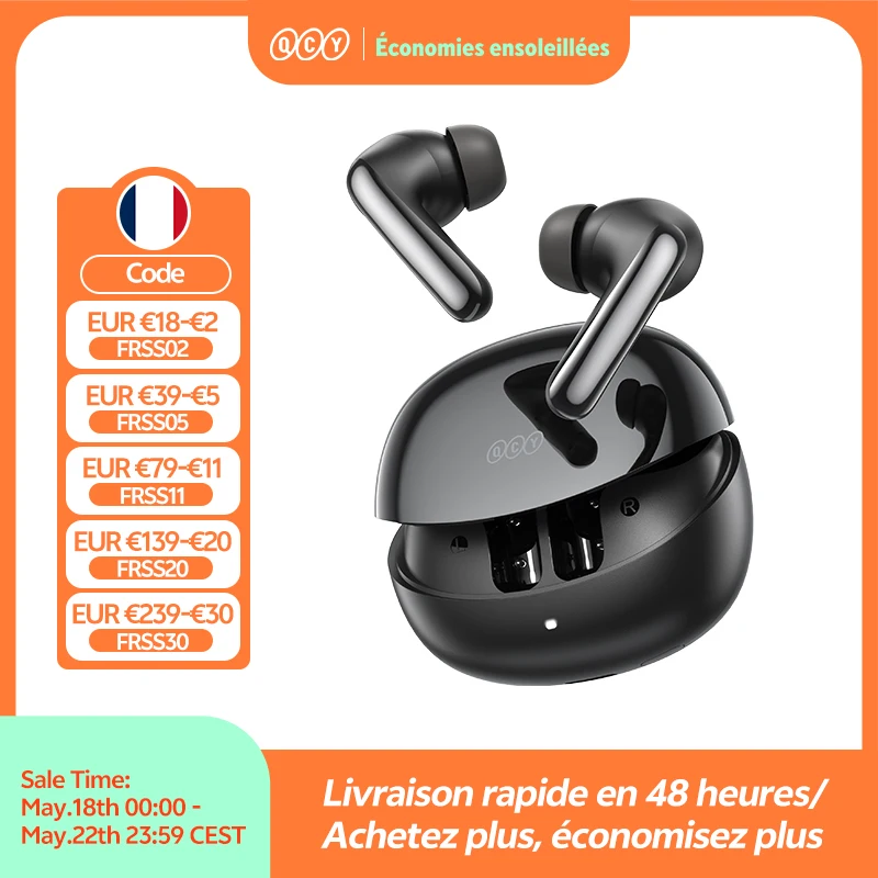 QCY MeloBuds N60 HT19 Écouteurs sans fil Bluetooth 6.0, réduction de bruit hybride ANC 56 dB, audio haute résolution LDAC avec double transducteur coaxial, autonomie de 45 heures