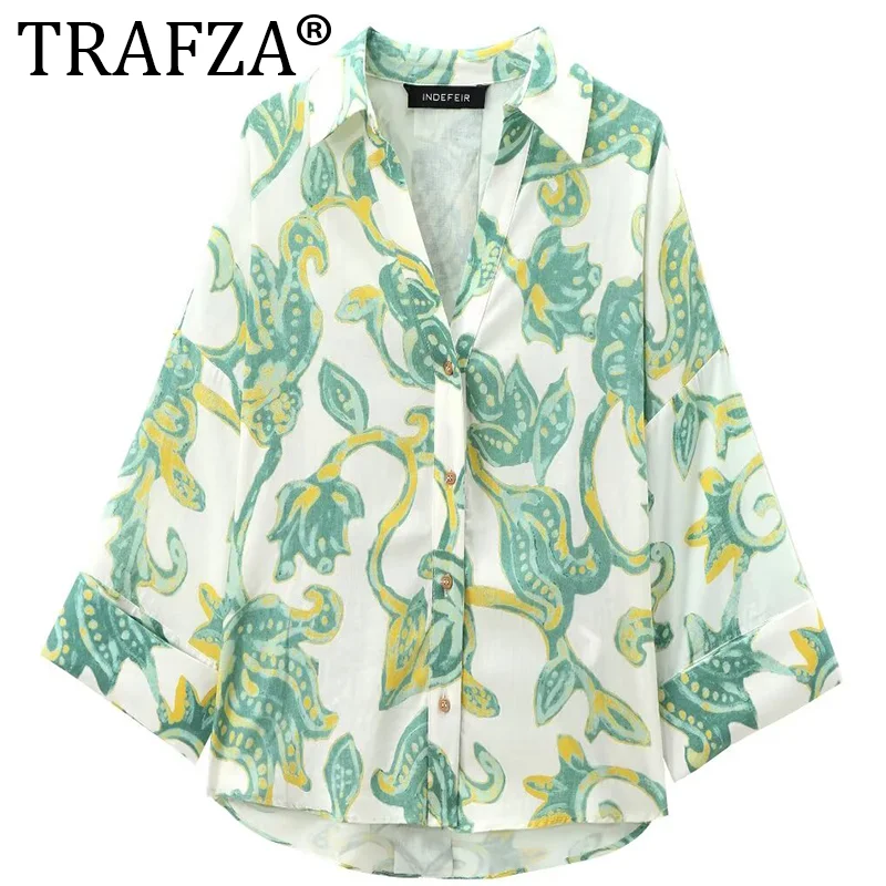 

TRAFZA Print Loose Women Shirt Button Lady Blouse New In 2024 Summer Fashion Casual Elegant Blouses And Shirts Woman Tops