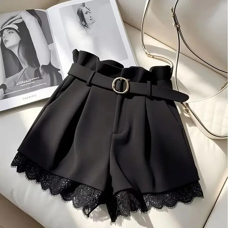 Women's Black Lace Spliced Shorts 2026 New Summer Woman High Waist With Belt Shorts Korean Style Girls' Hot Pants Wide-leg