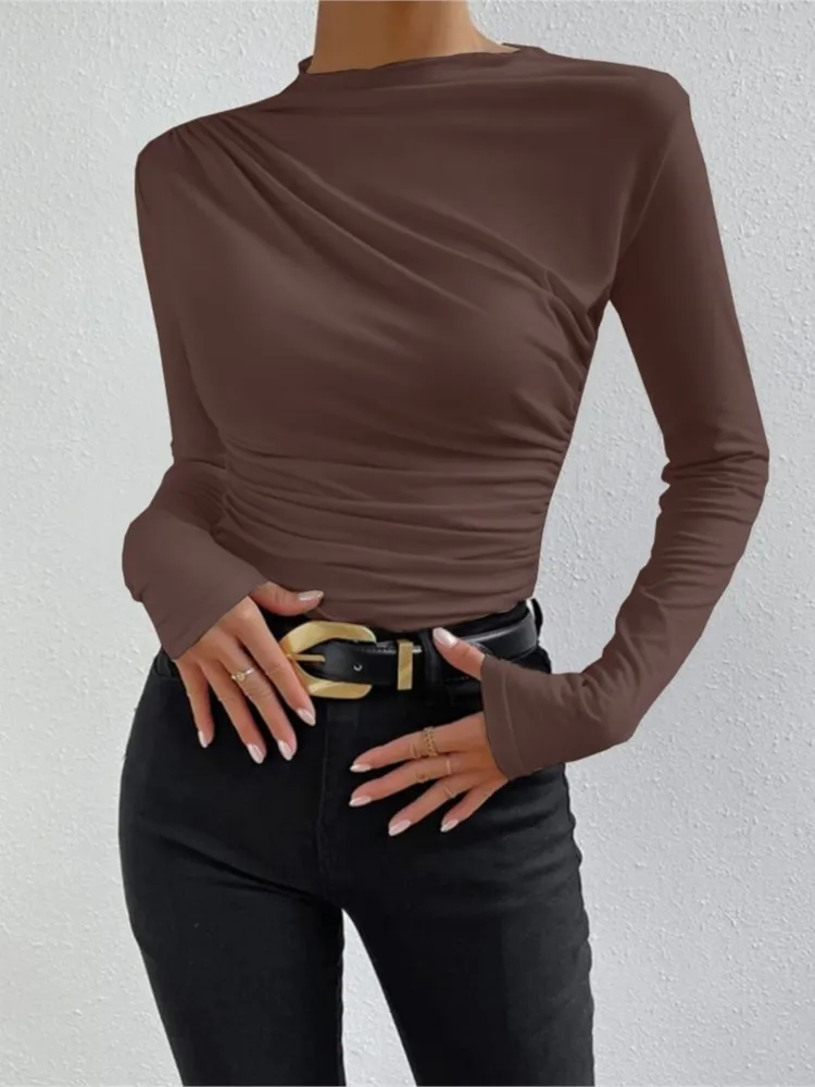 

Autumn Women's Top Fashion Solid Slim T Shirt Women Folds Long Sleeve T Shirts Ladies Tops Elegant Streetwear Women's Clothing