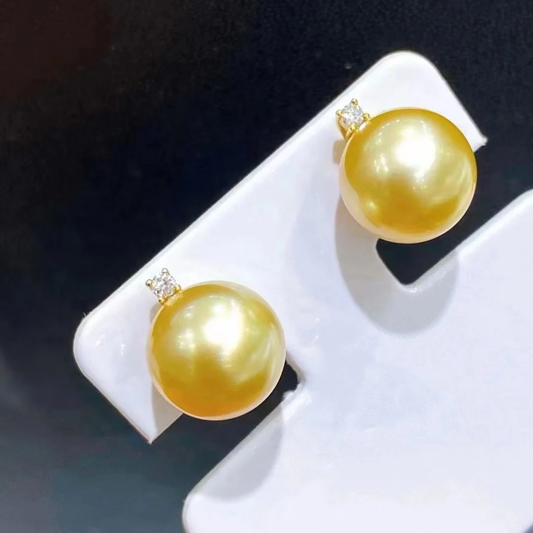 

Fine Jewelry Solid 18K Yellow Gold 10-11mm Fresh Water Golden Pearls Studs Earrings for Women Fine Presents