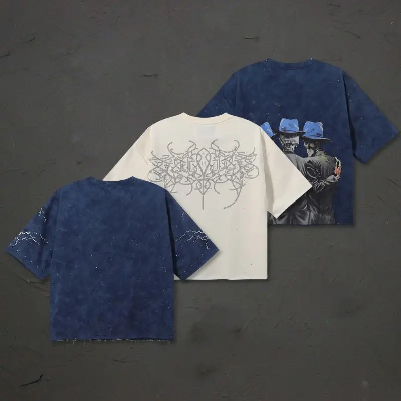 Fast Shipment Blue BKYS Tshirt Vinatge Skull Graffiti White Splashed Ink Dots Cutting Short Sleeve Loose Men Women Cotton Tops