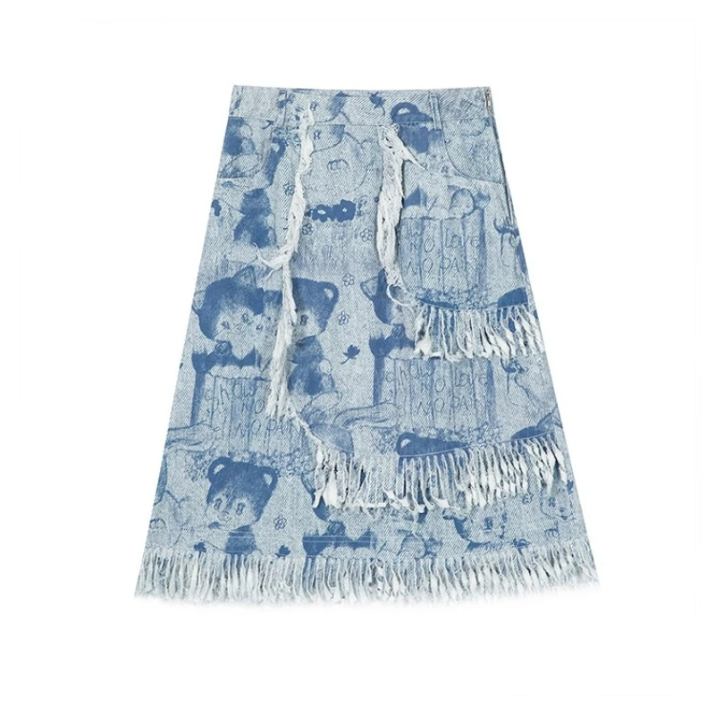 Retro-Design, hellblauer Tierdruck, mit Fransen, mittellanger Rock für Damen, 2025, neue, vielseitige Imitations-Denim-A-Linien-Röcke für Damen