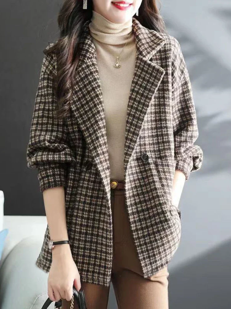 

Women Jacket Winter Fashion Lapel Collar Women's Coats Loose Pocket Plaid Woolen Coat Simplicity Commuting Coat for Women E313