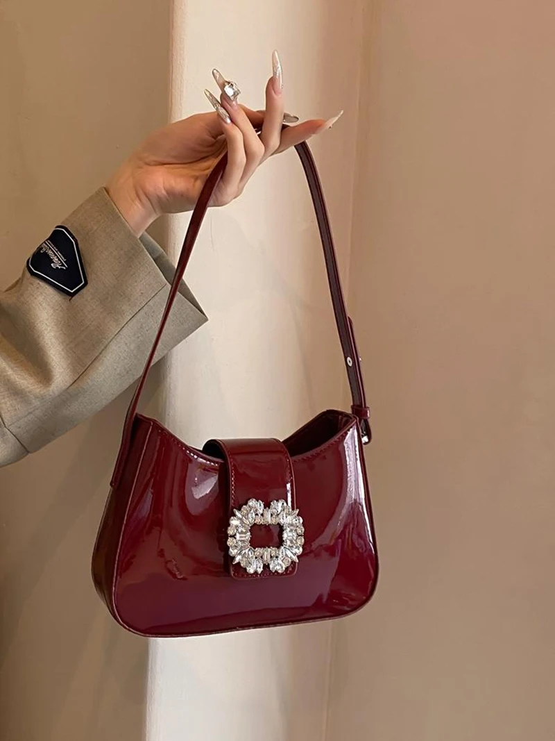 Fashion Lacquer Leather One Shoulder Underarm Bag Solid Color Diamond Button Crossbody Bag For Women Red Wedding Bride Handbag