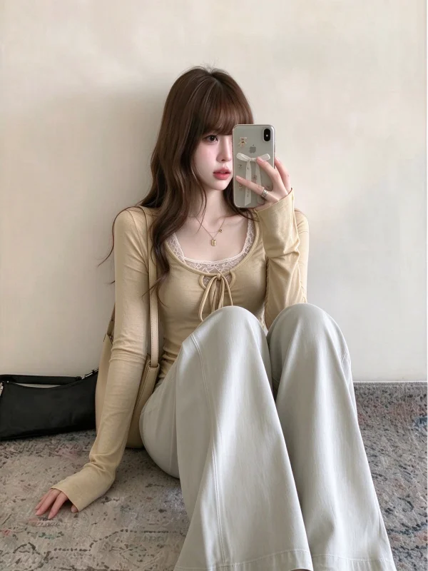 Korean Style Lace Long Sleeve Slim Fit Square Collar T-Shirt Women's Autumn Base Shirt Inner Wear High End Small Capital Top