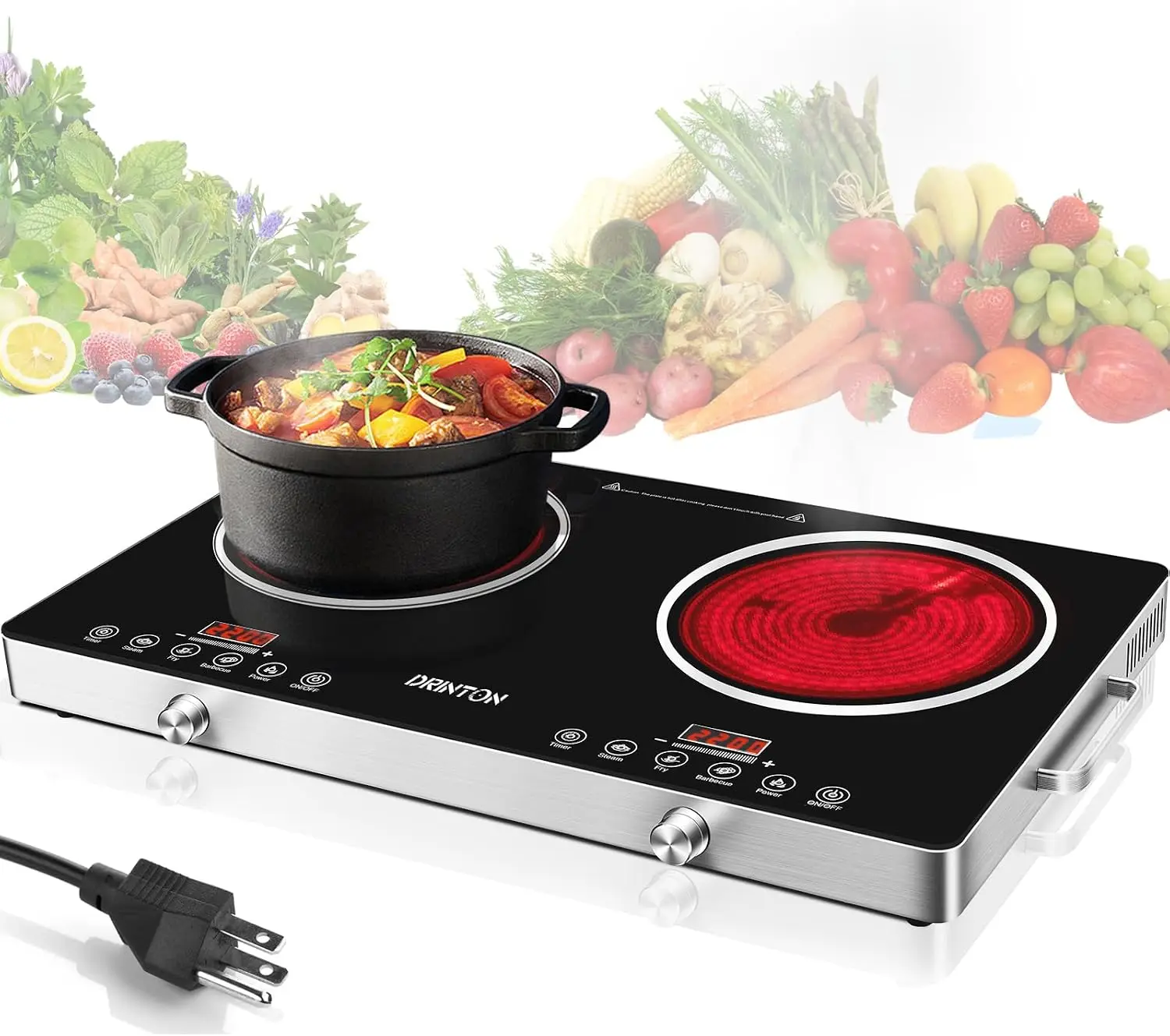 2 Burner Electric Cooktop, 2200W+2200W 110V Electric Double Burner with 3H Timer, Adjustable Temperature for Countertop