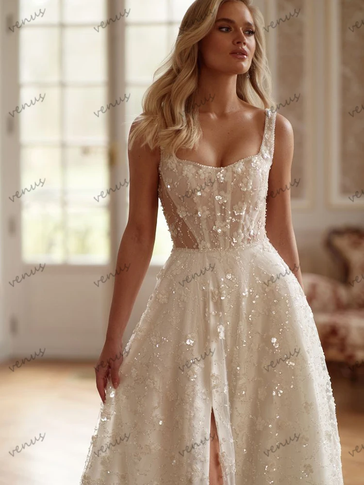Luxury Wedding Dresses Gorgeous Bridal Gowns Lace Appliques Sleeveless Backless Robe High Slit Vestidos De Novia Customized 2025