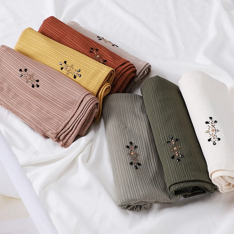 Women Pleated Hijab Diamonds Headscarves For Women Hijab Headband Scarf For Muslim Women Veil Hijabs Malaysia Crinkle Islamic