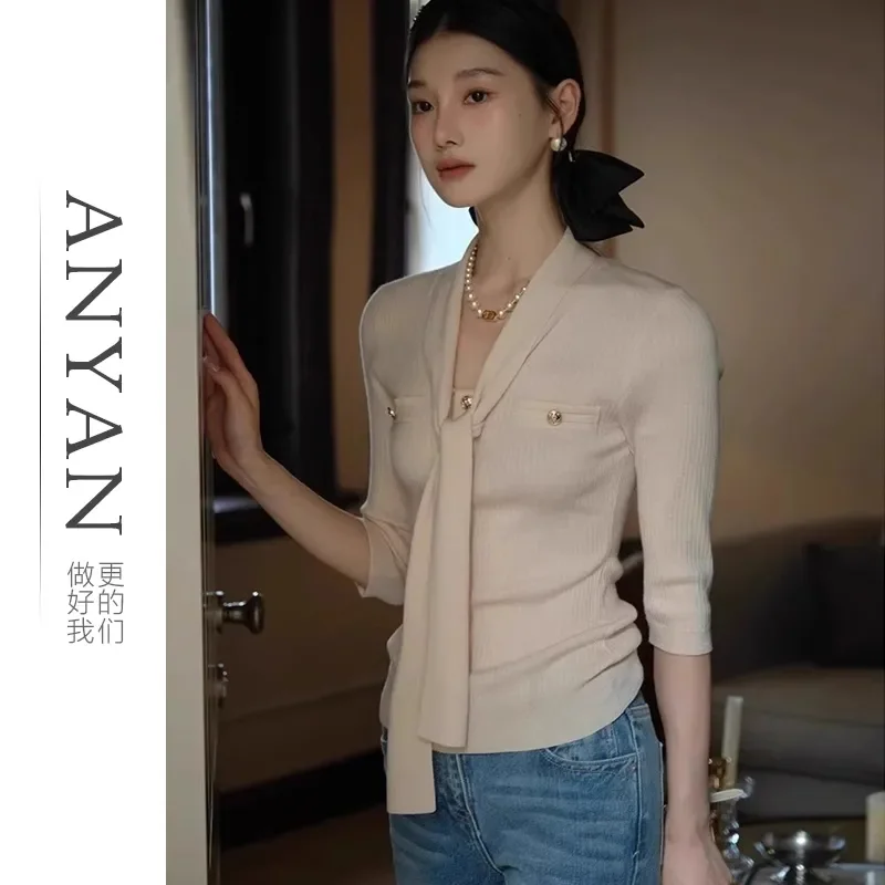 Women Clothing Autumn Winter Fashion Casual Simplicity All-match Solid Color V-neck Knitting Female Lacing Drawstring Pullovers
