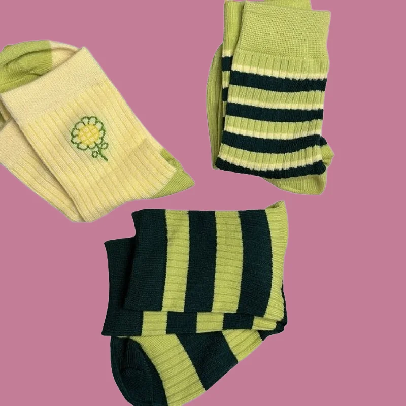 3/6/12 Pairs 2024 New Green Striped Comfortable Socks Women's Mid-tube Socks Contrast Color Small Flower All-match Long Socks