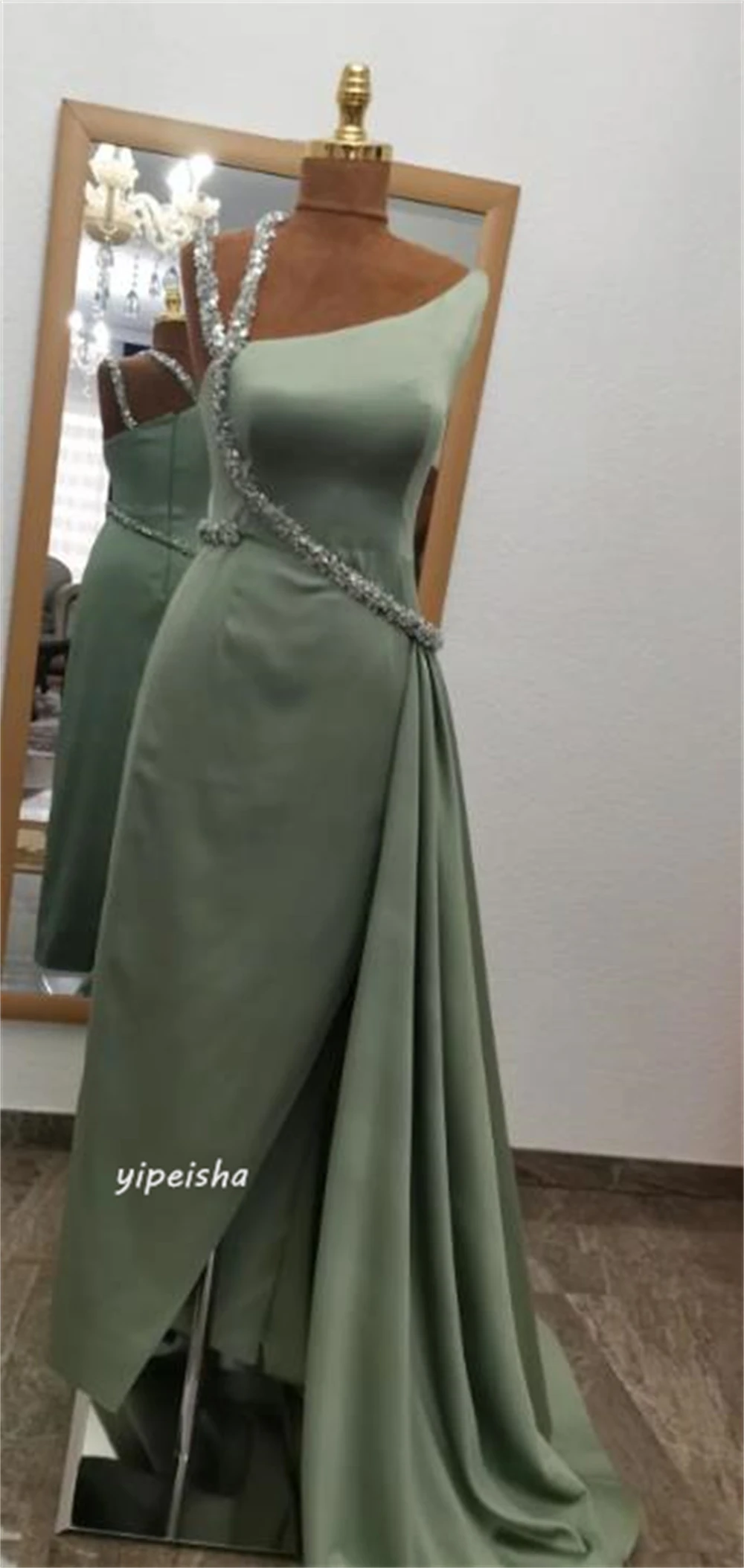 Jersey Beading Draped Pleat Christmas A-line V-Neck Bespoke Occasion Gown Long Dresses