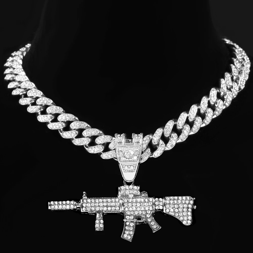 Hip Hop Iced Out Crystal AK47 Gun Pendant Cuban Necklace For Men Women Luxury CZ Tennis Chain Necklace Punk Rock Jewelry Gift view 5