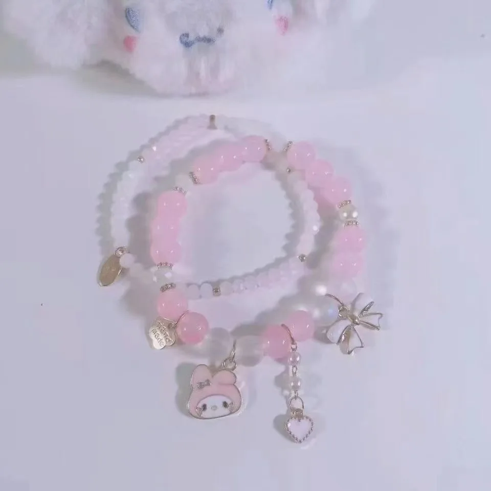 Sanrio Kuromi mymelody Cinnamoroll Beaded Crystal Bracelet Kawaii Sweet Soft Girl Bestie Children\'s Day Gift