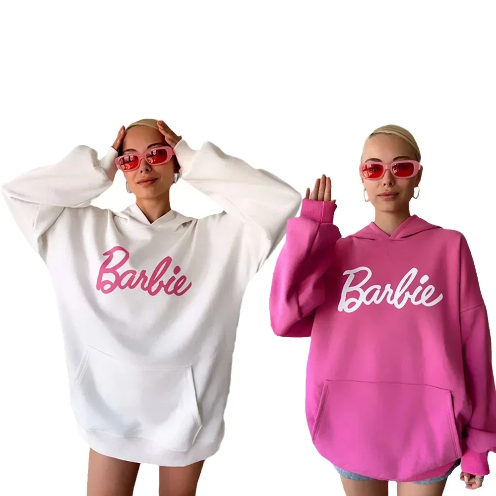 Barbie Casual Pink Letter Print Loose Hooded Sweatshirt Anime Hoodie Hip-hop Versatile Girls\' Tops with Long Sleeves Inner Wear