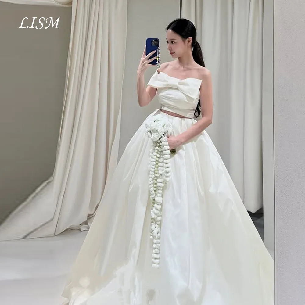 LISM Senza Spalline A-Line Arco Corea Abiti da Sposa Due Pezzi Servizio Fotografico Raso di Seta Lunghi Abiti da Sposa Eleganti Estensioni Dende Personalizzato