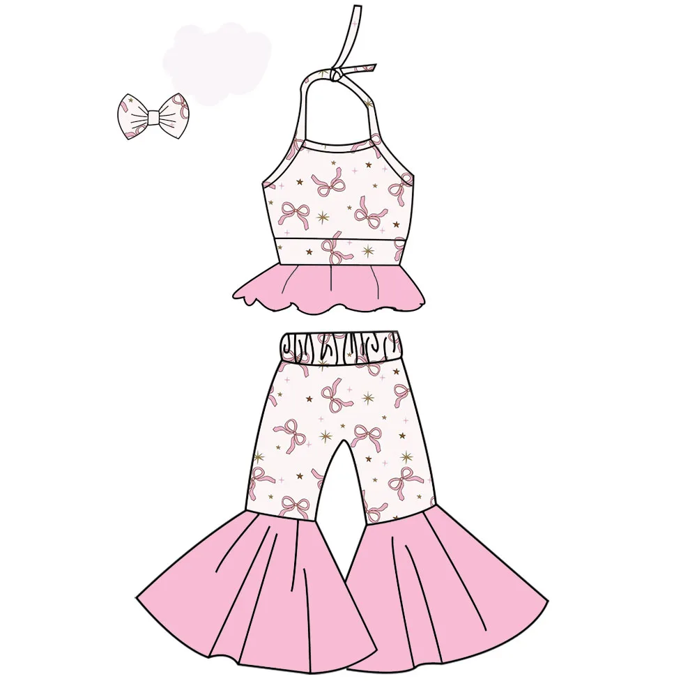 New Hot Selling Girls Suit Boutique Children Suit Halter Neck Bow Floral Print Trousers Bell Bottoms Mesh Girl Suit