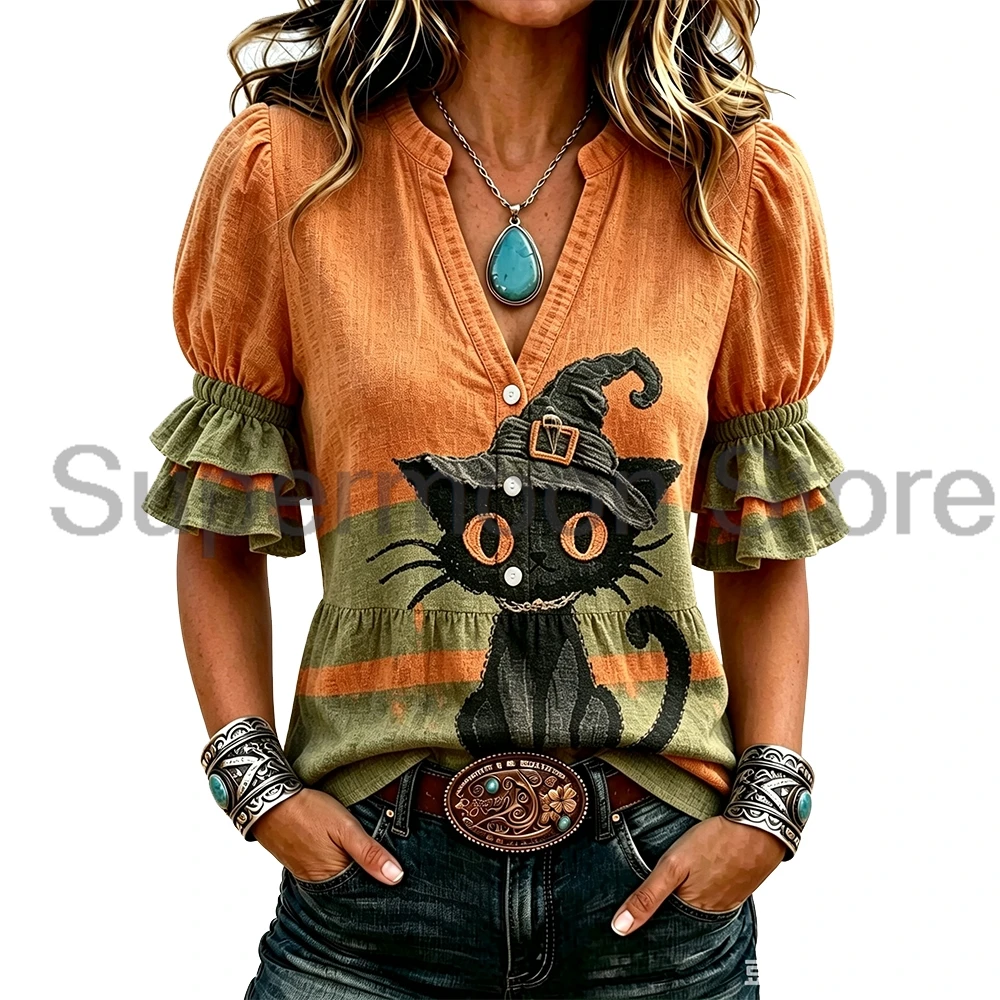 Halloween Black Witch Cat Print Blouse Women V-Neck Double Ruffle Puff Sleeve Loose Fit Tunic Shirt Ladies Western Summer Tops