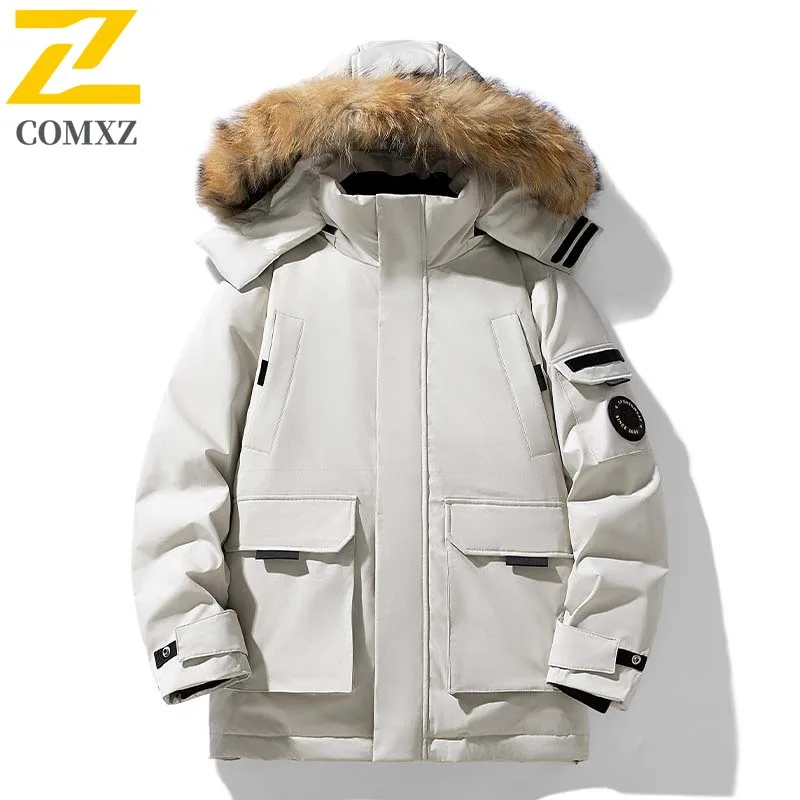 COMXZ Winter Down Jacket Men Women High-quality Camo Fluffy Fur Collar White Duck Down Parka Coat Casual Thermal Puffer Jacket