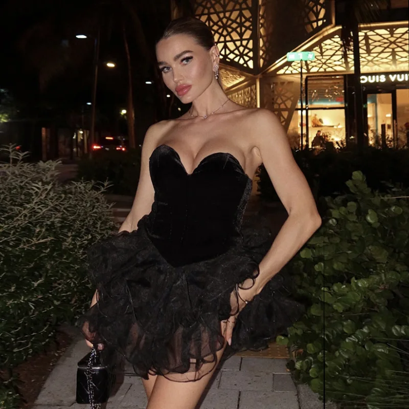 

Strapless Backless Women's Prom Dress Sleeveless Sheath Slim Puff Skirt Black High Waist Evening Skirt Sexy New Design In Stock