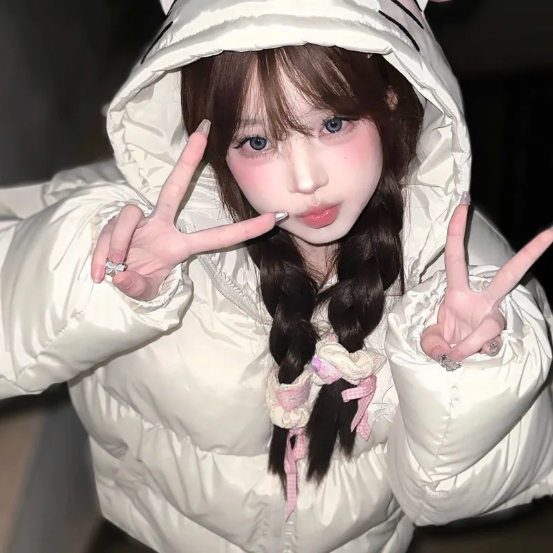 Sanrio Hello Kitty Sweet Cute Cotton Coat Women Winter New College Style Hooded Zipper Coat Simple Design Harajuku Cotton Jacket