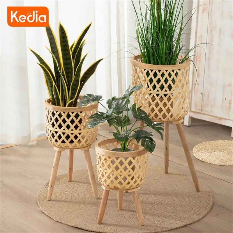 Bamboo Flower Basket Lightweight Medium Twill Bamboo Rattan Flowerpot Balcony Flower Box Woven Planter Pot Flower Display Shelf