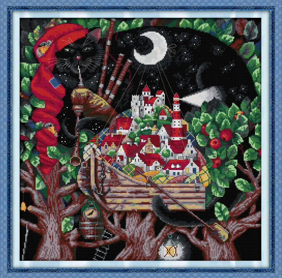 

Animals-Flute in the night-Soulgift News Pre-Printed Cross Stitch Kit, Stamped Aida Fabric with DMC Threads, Embroidery Kit