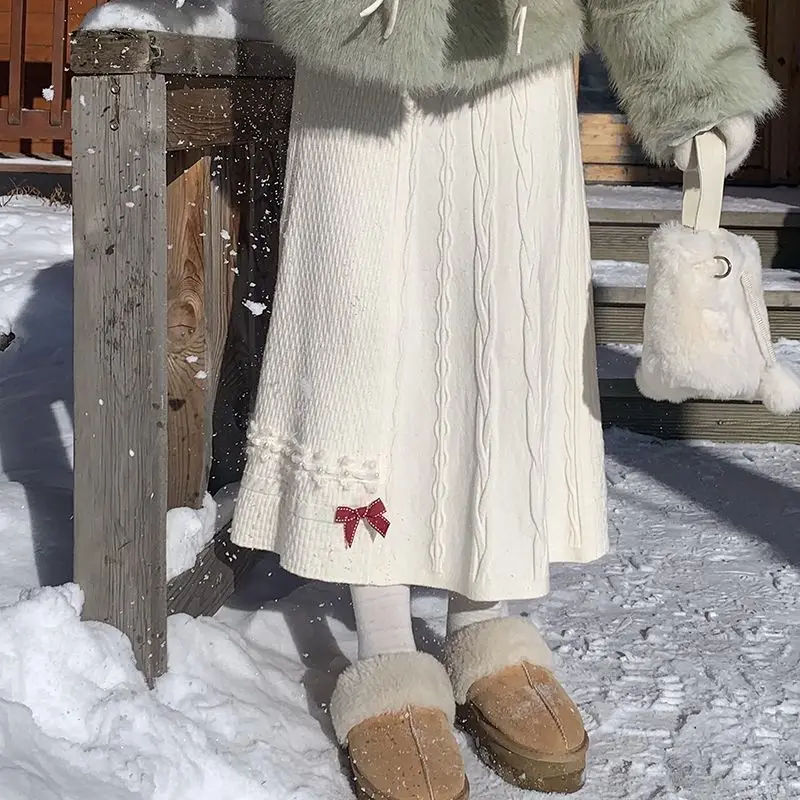 

Bow Knitted Skirt for Women Autumn and Winter Style Cute and Gentle Long Style A-line White Pearl Long Skirt 2024 New Style