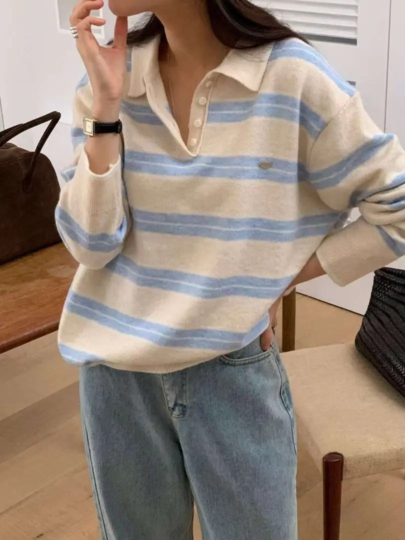 

Модный полосатый вязаный свитер для женщин, весенний повседневный свободный крой, теплый, из полиэфирного волокна, с длинными рукавами, с воротником
