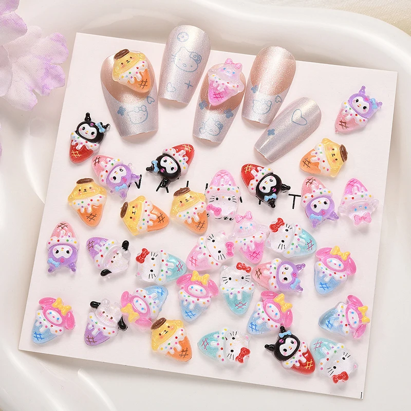 50PCS Cartoon Sanrio Ice Cream Resin Nail Charms Creative Animals Cone Nail Art Decoration For DIY Phone Case Manicure Crafts