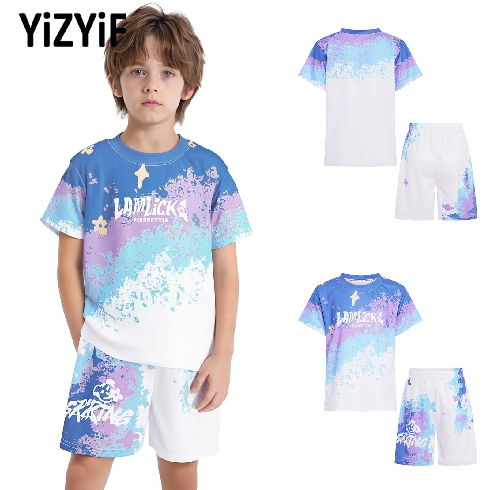 

Fashion Gradient Sports Set for Kids Boys Quick-Drying Short Sleeve T-shirt+Shorts Athletic Outfits Basketball Football Costumes