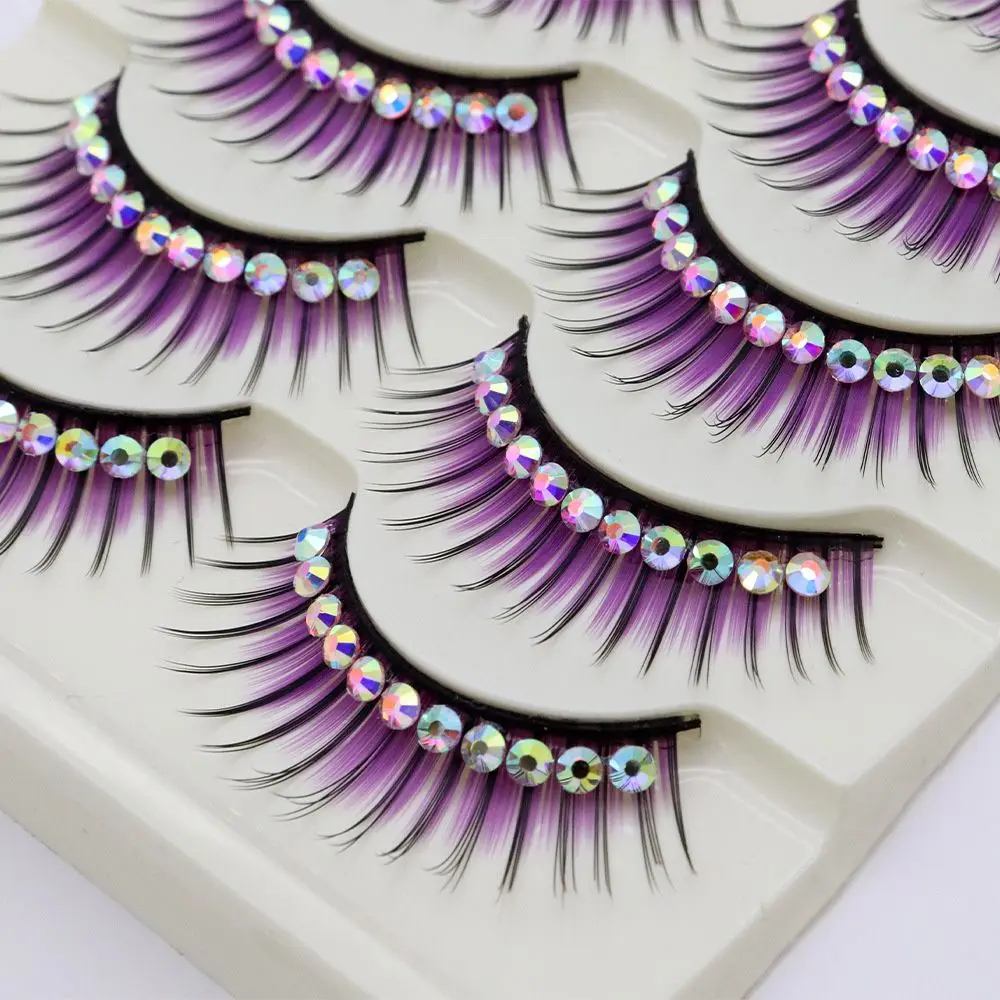 1/5Pairs Soft Mink False Eyelashes Natural 3D Fake Eye Lashes with Shiny Rhinestones Makeup Party Colored Extension Eyelashes