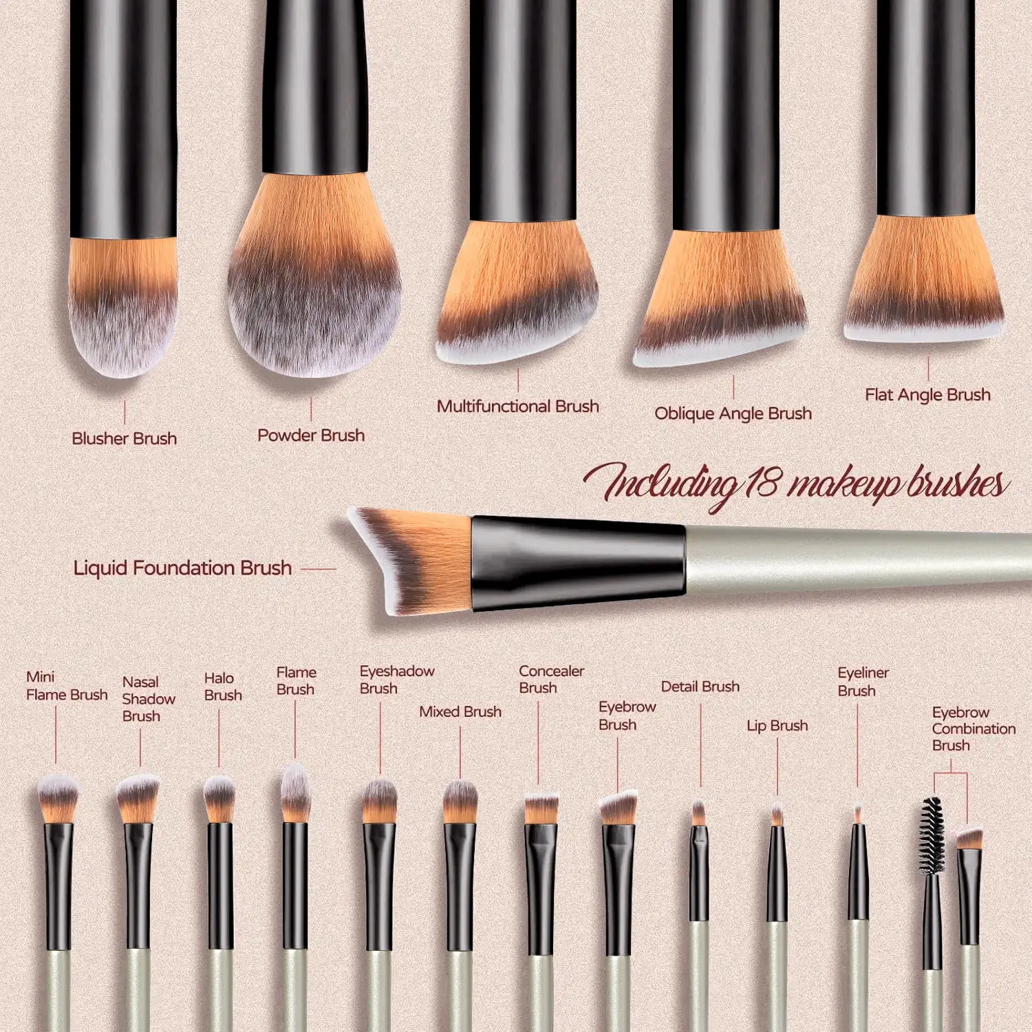 18 Pcs Professional Makeup Brushes Set for Eye and Face, Premium Eye Makeup Brushes Soft Makeup Brushes(Champagne Gold)