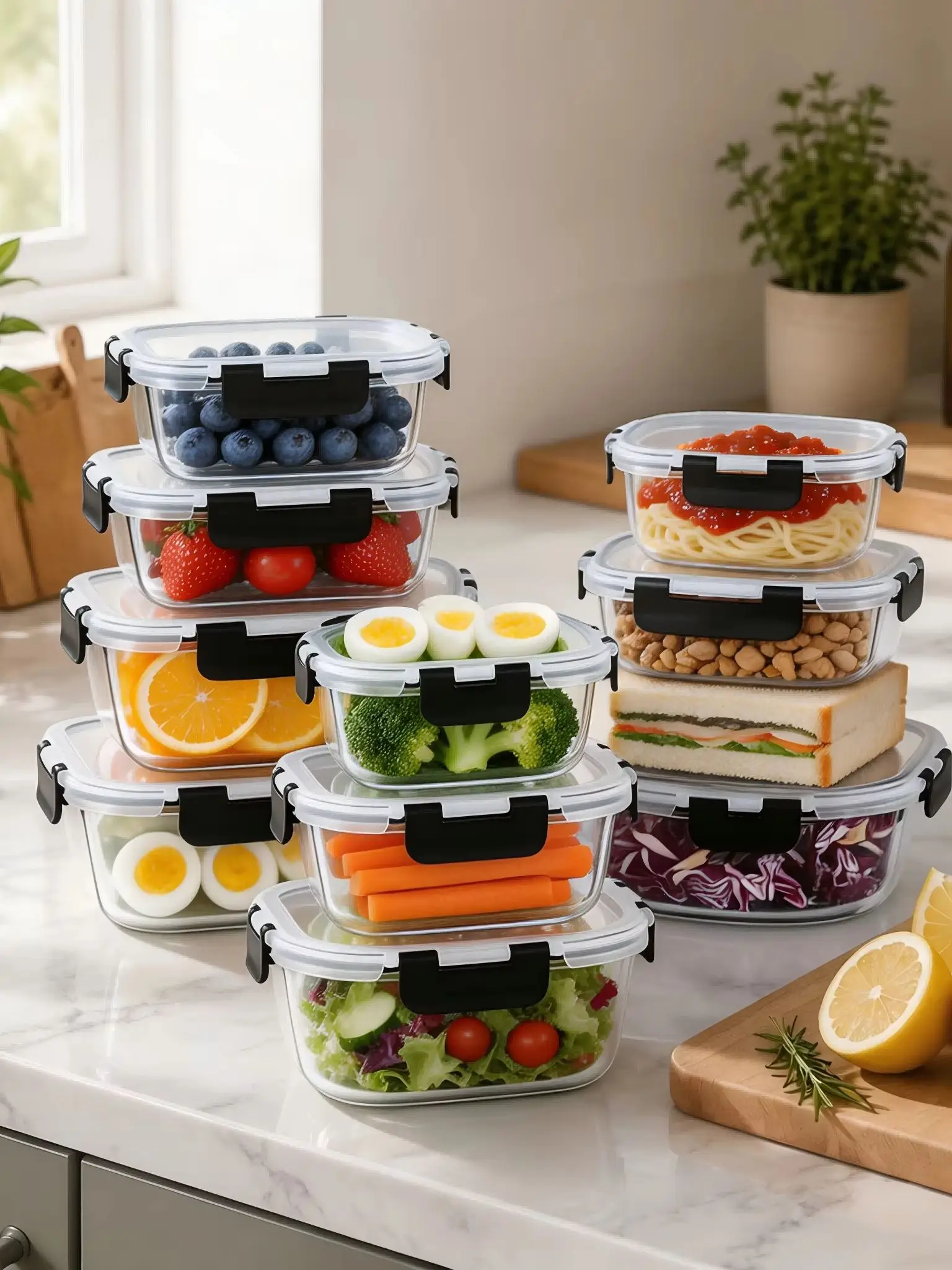 Multi-size 12 Piece Glass Storage Container Kit, High Borosilicate Glass with Secure Snap Lock Lids, Leakproof Food Organizer for Household Pantry, Fridge Storage and Office Portable Meal Arrangement