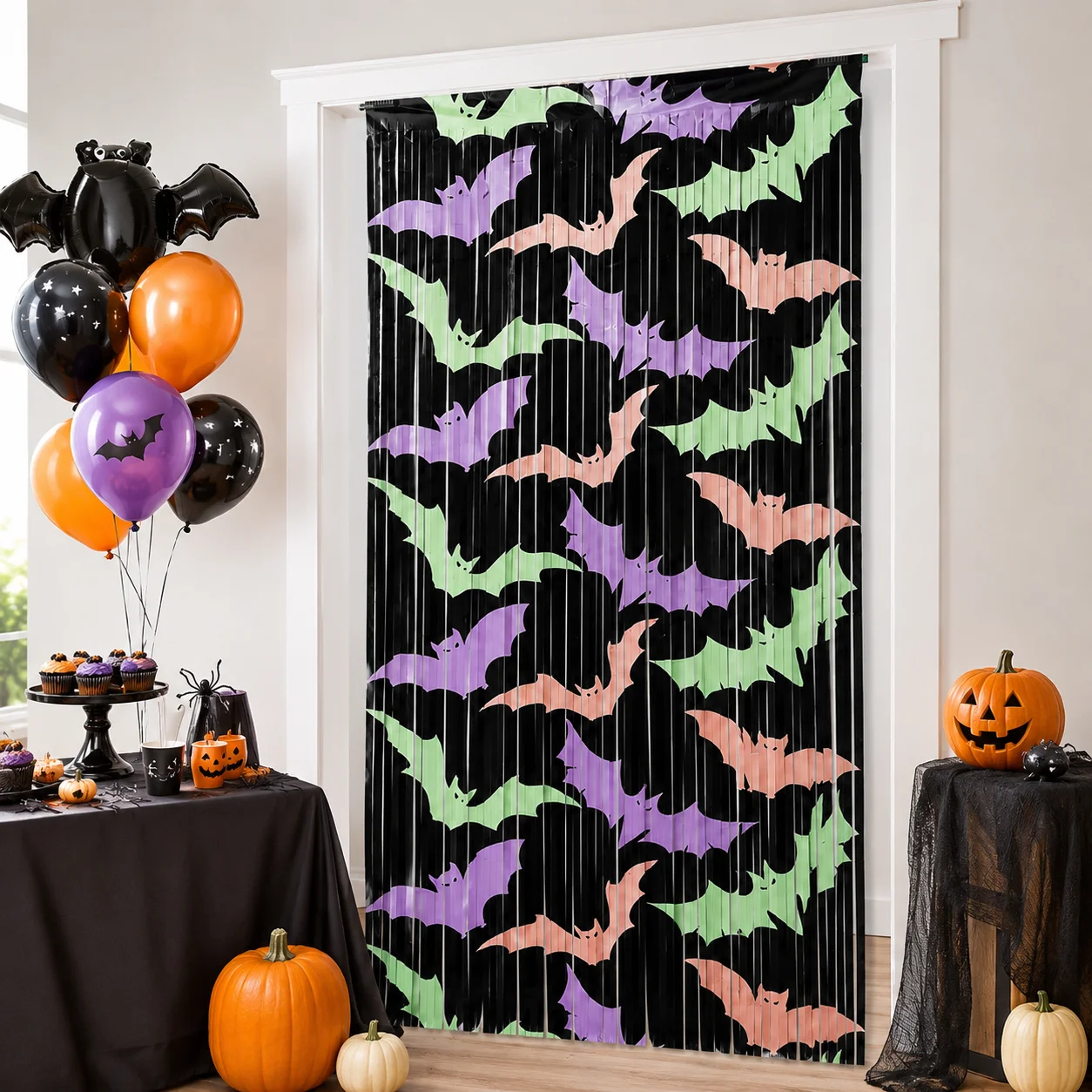 Halloween Bat PET Foil Fringe Curtain 1x2m UV Reactive Party Backdrop Doorway Tinsel Decoration