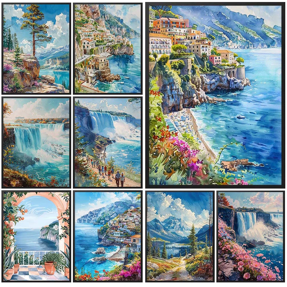 

Sea Mountain Scenery Landscape Waterfall Flower Poster Wall Art Canvas Painting Decor Wall Pictures For Living Room Unframed