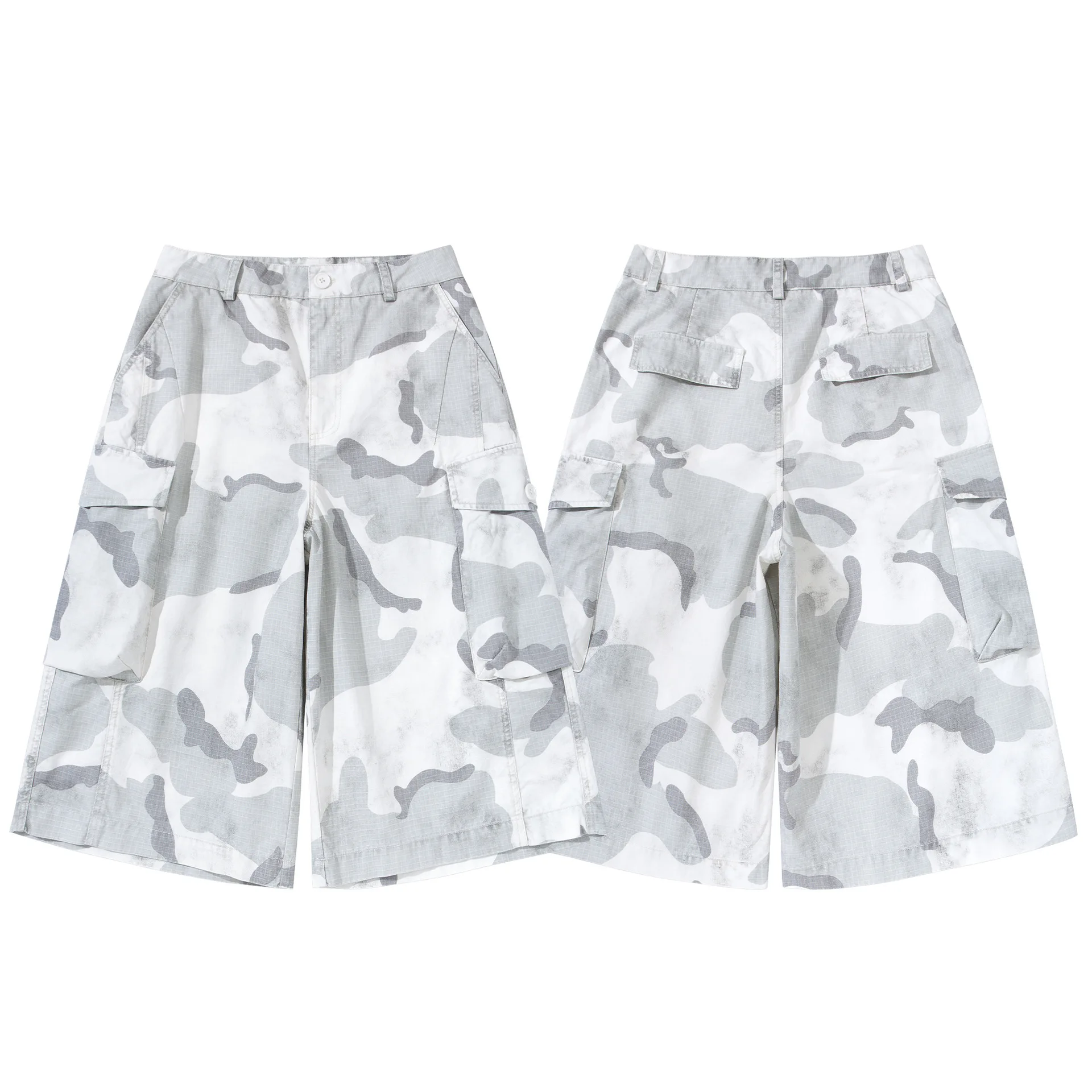 Summer Japanese Retro Washed Multi Pocket Workwear Shorts for Men and Women, Loose Camouflage Seven Quarter Casual Pants
