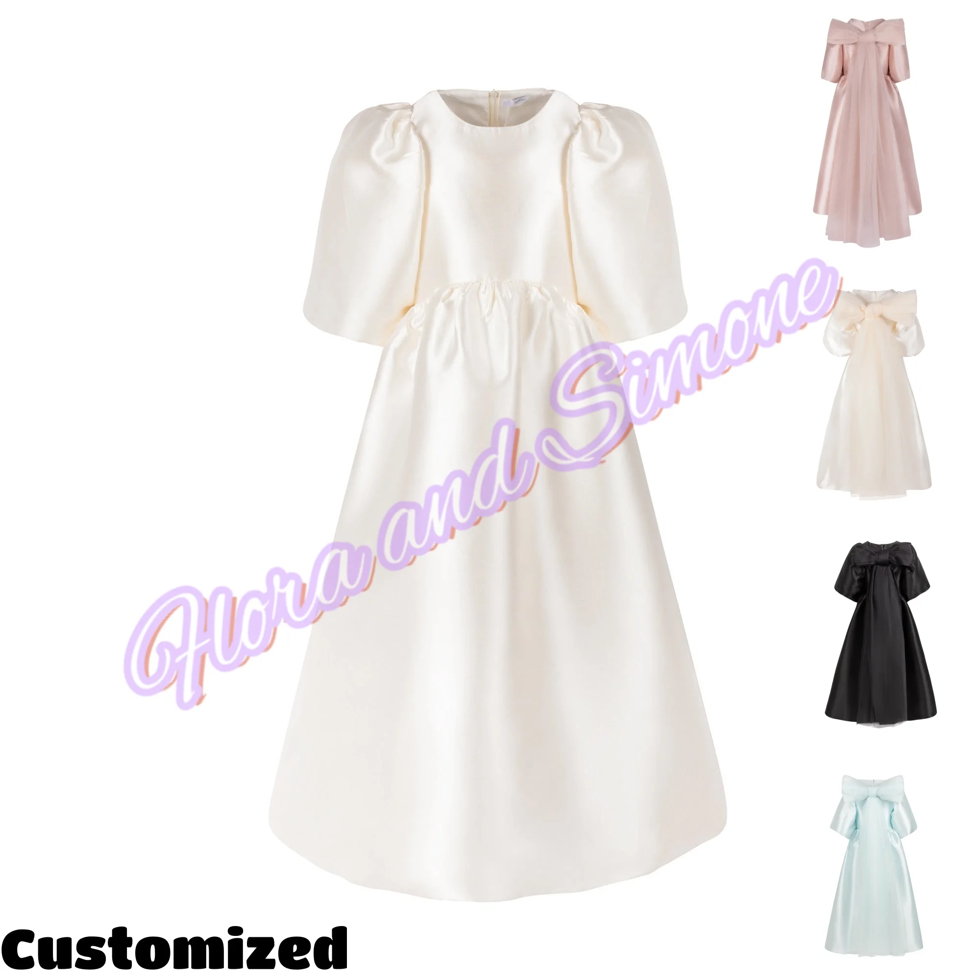 Girls Party Dresses Pink Satin 2026 Flower Girl Dress Bow Puff Sleeve Prom Baptism First Birthday Official Events Girl gown