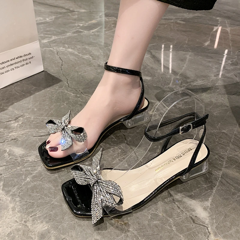 Fashion One-word Buckle Sandals Women 2024 New Spring and Women Thick with Fairy Wind Bao Head Square Head Bow Women\'s Shoes