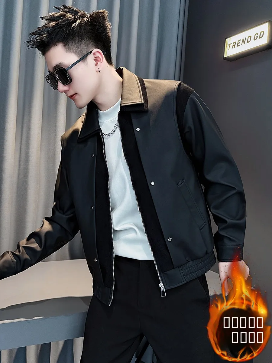 

Мужская утепленная куртка из искусственной кожи на флисе, осенне-зимняя, модная, брендовая, стильная, приталенная, с длинными рукавами, на молнии