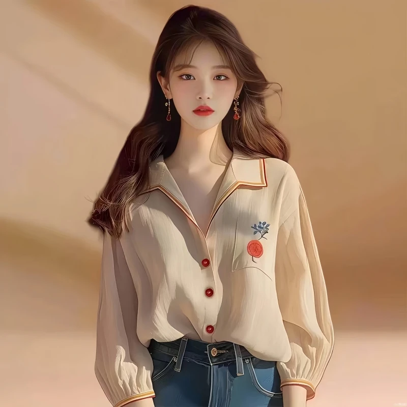 เสื้อเชิ้ตชีฟองสไตล์เกาหลี แขนยาว ทรงหลวม สบายๆ คอปกพับ ติดกระดุมเม็ดเดียว เหมาะสำหรับใส่ไปทำงาน ทรงเข้ารูป รุ่นใหม่ล่าสุดสำหรับฤดูใบไม้ผลิ