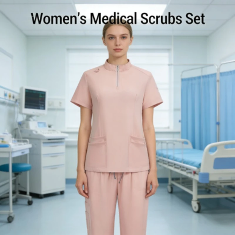 

Solid Color Doctor Nurse Work Uniform Straight Pants Stand Up Collar Zipper Hand Washing