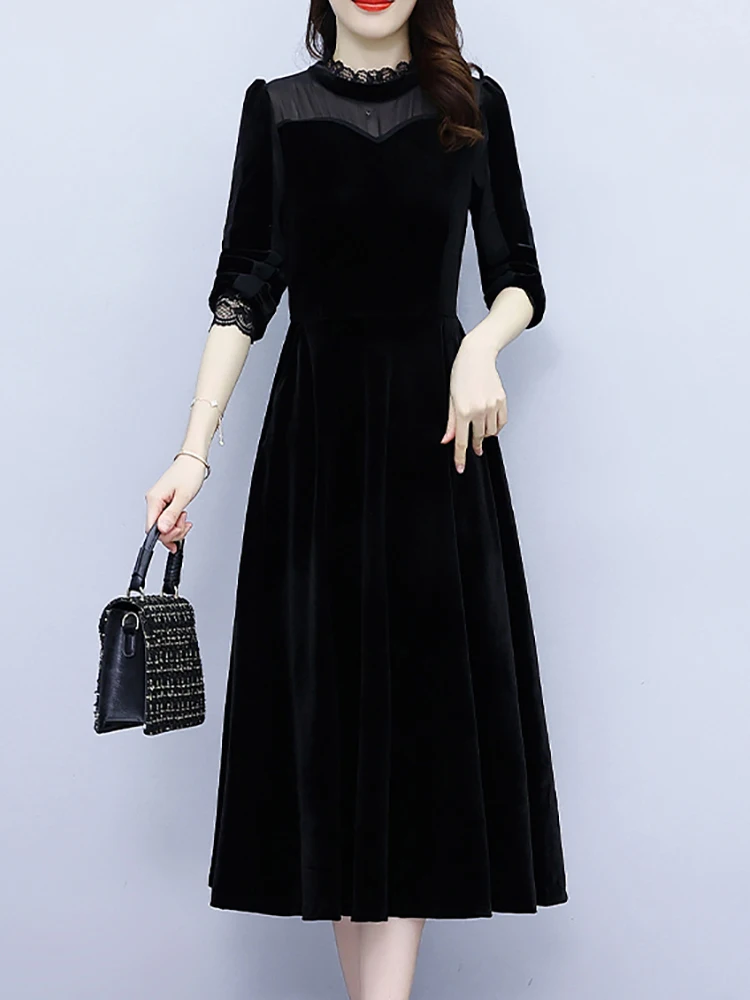 Autumn Winter Black Velvet Thick Warm Dress 2024 Korean Vintage Bodycon Party Dress Elegant Ruffled Collar Luxury Midi Vestidos