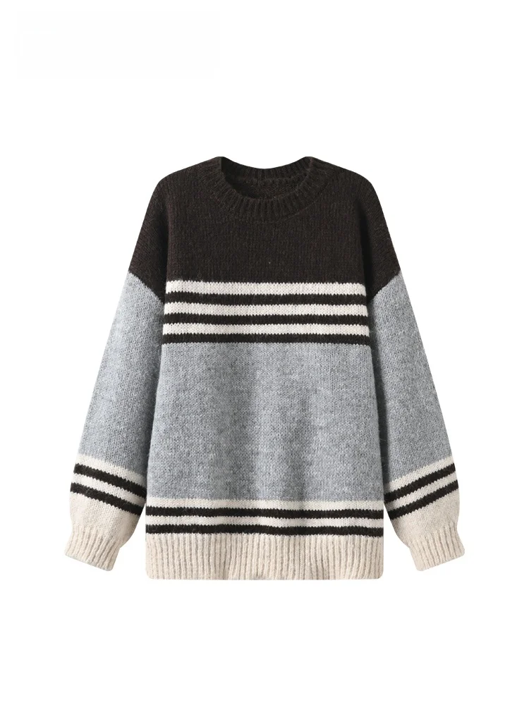 

plus Size Women's Striped Long Sve Knitwear Lazy Sle Age Reduction Top Trendy Mid-Length round Ne Pullover for Autumn ...