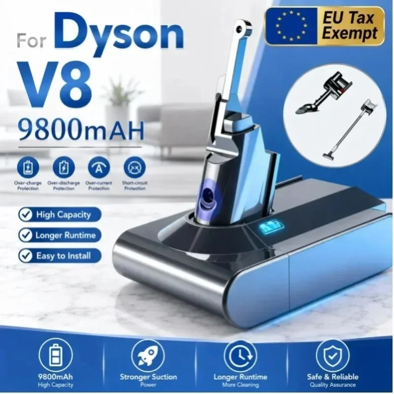Hochleistungsakku mit 9800 mAh und 21,6 V für Dyson V8 Akku-Staubsauger, Modell Absolute Fluffy Animal, wiederaufladbarer 18650-Akku.