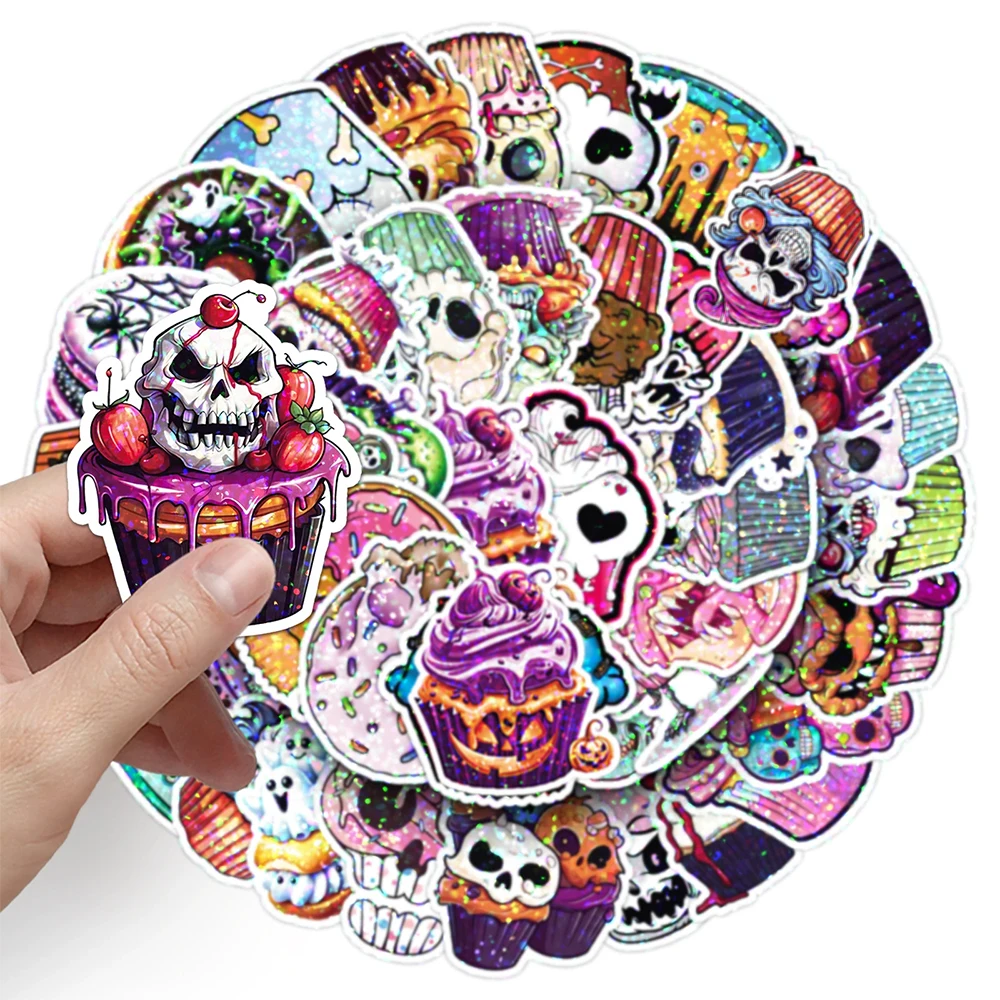 

10/30/50pcs Cartoon Halloween Skull Cake Laser Stickers Funny Creative Decals Water Bottle Guitar Phone Bike Sticker Decoration